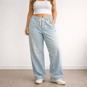 GAP Light Wash Wide Leg Jeans Drawstring Lightweight Sz Lg